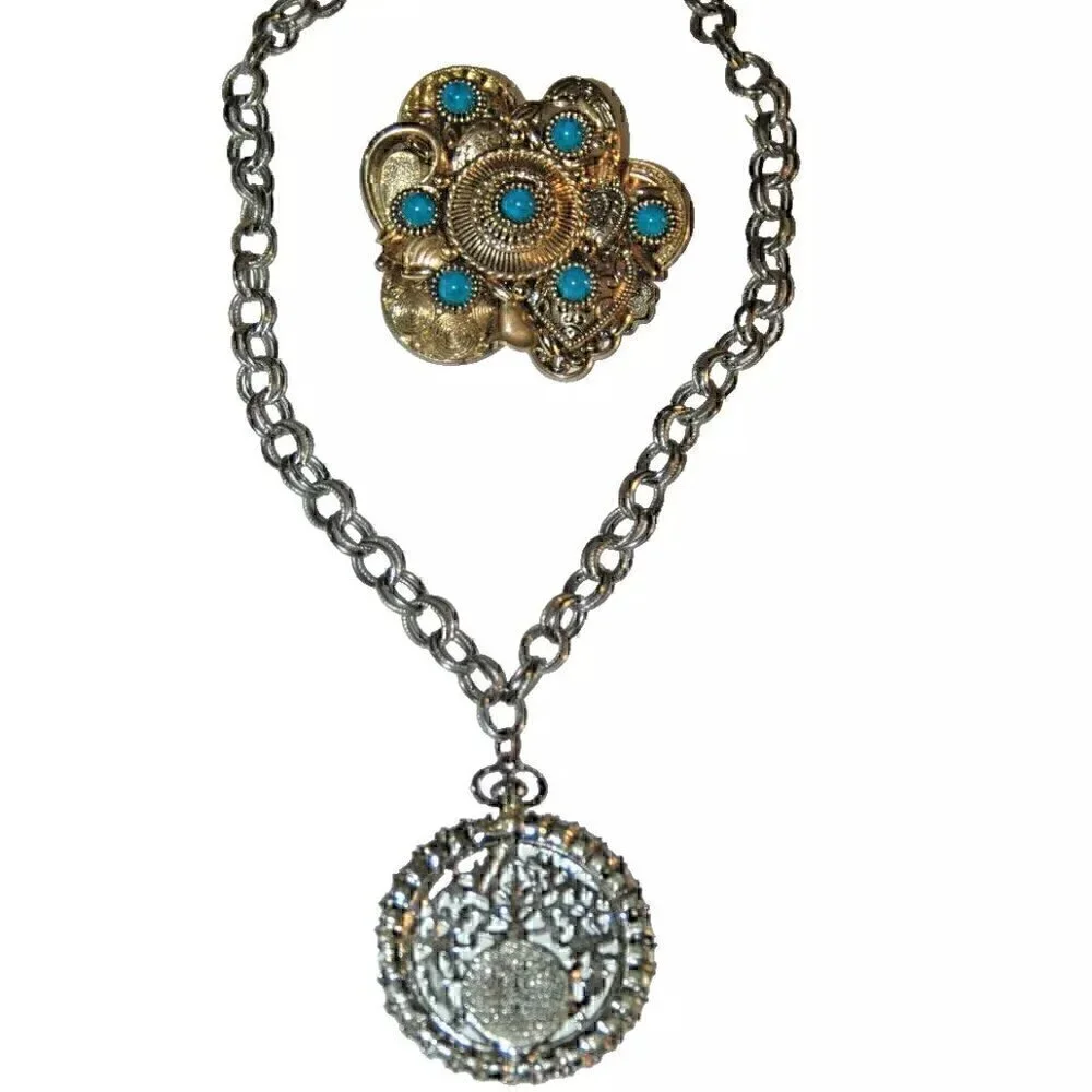 Vintage Gold Tone Turquoise Cluster Brooch Pendant Necklace – Statement Jewelry